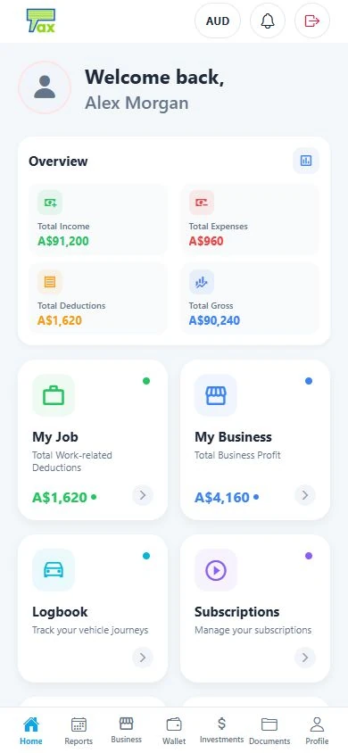 TaxKit financial overview screen with illustrative records